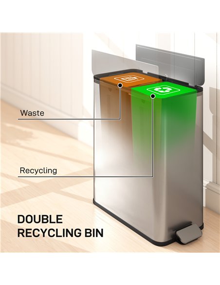 HOMCOM Dual Kitchen Bin with Soft-Close Butterfly Lid, 2 x 28L Stainless Steel Pedal Bin with Removable Inner Buckets, Fingerpri