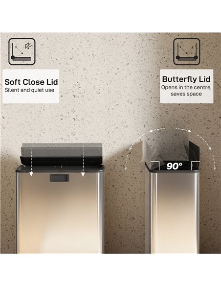 HOMCOM Dual Kitchen Bin with Soft-Close Butterfly Lid, 2 x 28L Stainless Steel Pedal Bin with Removable Inner Buckets, Fingerpri