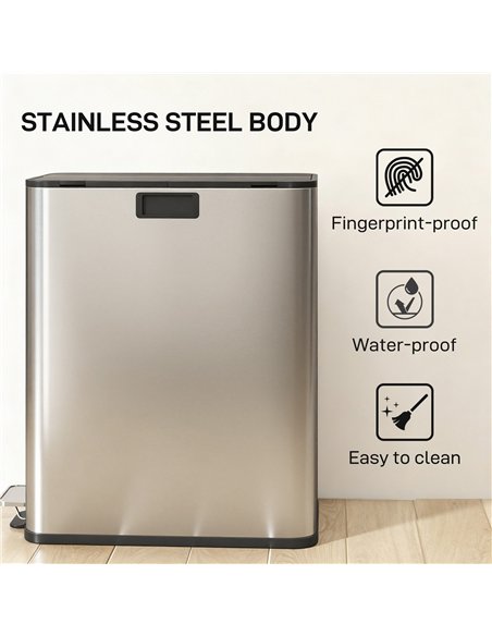 HOMCOM Dual Kitchen Bin with Soft-Close Butterfly Lid, 2 x 28L Stainless Steel Pedal Bin with Removable Inner Buckets, Fingerpri