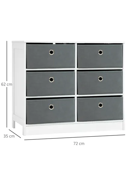 HOMCOM Chests of Drawer, Fabric Dresser Storage Cabinet with 6 Drawers for Bedroom, Living Room and Hallway, White and Grey
