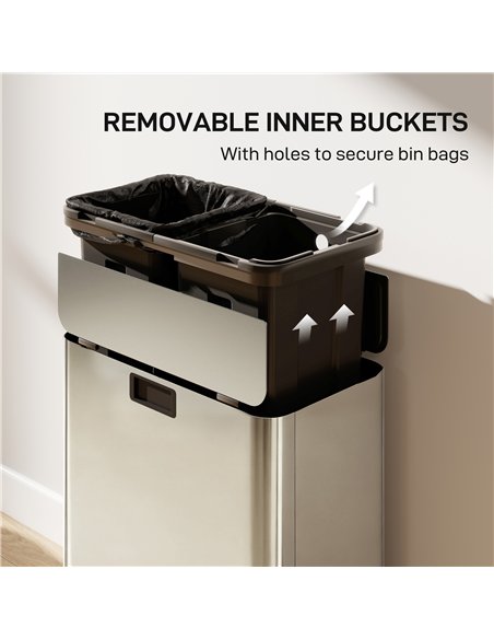 HOMCOM Dual Kitchen Bin with Soft-Close Butterfly Lid, 2 x 28L Stainless Steel Pedal Bin with Removable Inner Buckets, Fingerpri