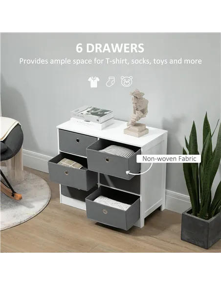 HOMCOM Chests of Drawer, Fabric Dresser Storage Cabinet with 6 Drawers for Bedroom, Living Room and Hallway, White and Grey