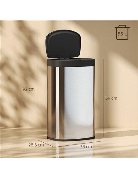 HOMCOM 55L Sensor Bin with Soft-Close Lid, Automatic Touchless Motion Sensor Kitchen Bin with Fingerprint Resistant Stainless St