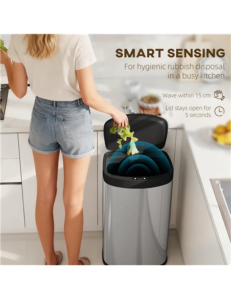 HOMCOM 55L Sensor Bin with Soft-Close Lid, Automatic Touchless Motion Sensor Kitchen Bin with Fingerprint Resistant Stainless St