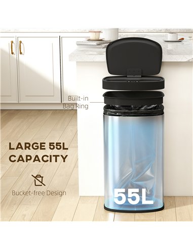HOMCOM 55L Sensor Bin with Soft-Close Lid, Automatic Touchless Motion Sensor Kitchen Bin with Fingerprint Resistant Stainless St