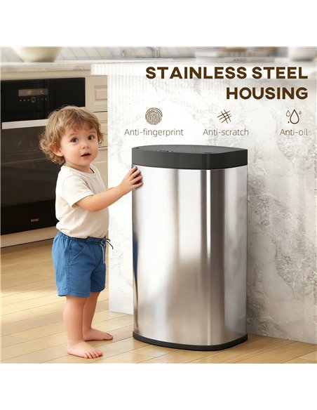 HOMCOM 55L Sensor Bin with Soft-Close Lid, Automatic Touchless Motion Sensor Kitchen Bin with Fingerprint Resistant Stainless St
