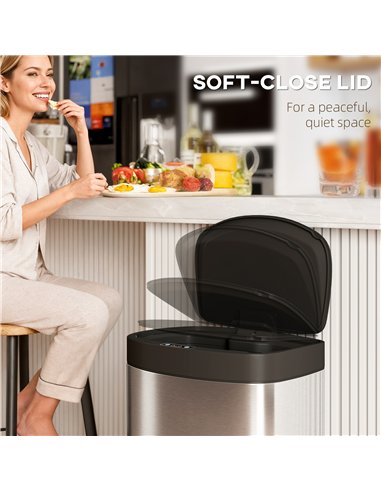 HOMCOM 55L Sensor Bin with Soft-Close Lid, Automatic Touchless Motion Sensor Kitchen Bin with Fingerprint Resistant Stainless St