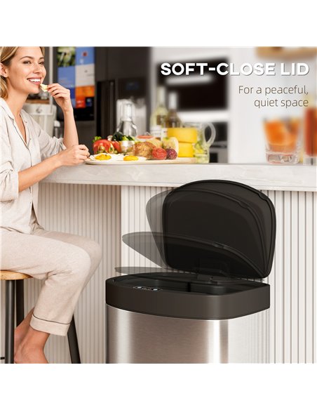 HOMCOM 55L Sensor Bin with Soft-Close Lid, Automatic Touchless Motion Sensor Kitchen Bin with Fingerprint Resistant Stainless St