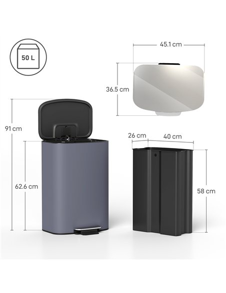 HOMCOM 50L Kitchen Bin with Soft-Close Lid and Stay-Open Function, Stainless Steel Pedal Bin with Removable Inner Bucket, Carry 