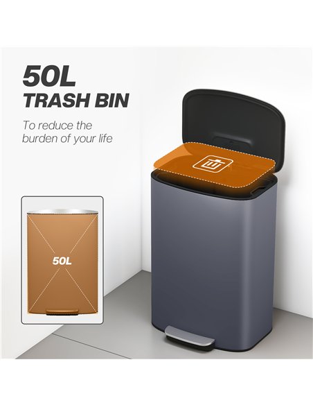 HOMCOM 50L Kitchen Bin with Soft-Close Lid and Stay-Open Function, Stainless Steel Pedal Bin with Removable Inner Bucket, Carry 