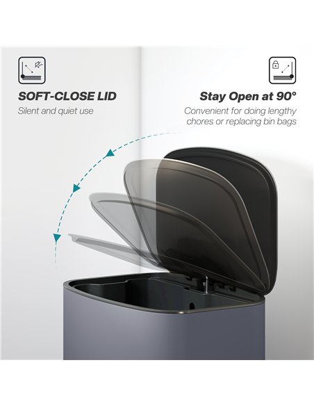 HOMCOM 50L Kitchen Bin with Soft-Close Lid and Stay-Open Function, Stainless Steel Pedal Bin with Removable Inner Bucket, Carry 