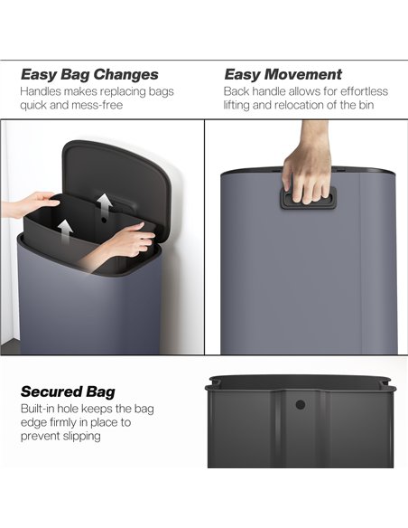 HOMCOM 50L Kitchen Bin with Soft-Close Lid and Stay-Open Function, Stainless Steel Pedal Bin with Removable Inner Bucket, Carry 