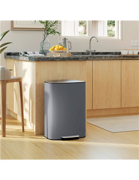 HOMCOM 50L Kitchen Bin with Soft-Close Lid and Stay-Open Function, Stainless Steel Pedal Bin with Removable Inner Bucket, Carry 