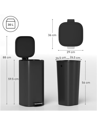 HOMCOM 30L Kitchen Bin, Compact Pedal Bin with Soft-Close and Stay-Open Lid, Removable Bucket for Kitchen, Home, Office, Black