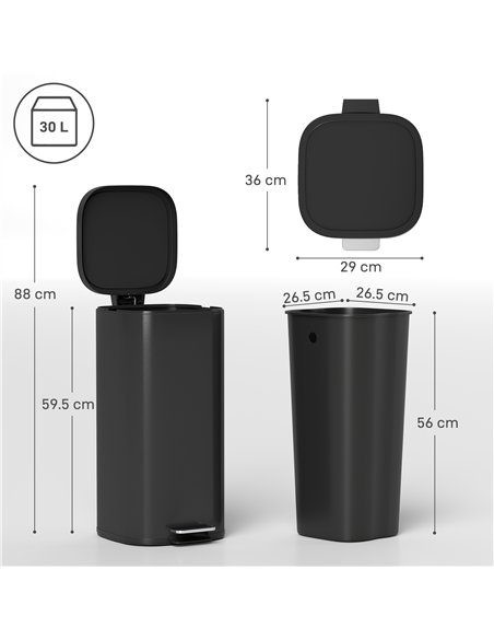 HOMCOM 30L Kitchen Bin, Compact Pedal Bin with Soft-Close and Stay-Open Lid, Removable Bucket for Kitchen, Home, Office, Black