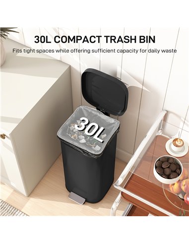 HOMCOM 30L Kitchen Bin, Compact Pedal Bin with Soft-Close and Stay-Open Lid, Removable Bucket for Kitchen, Home, Office, Black
