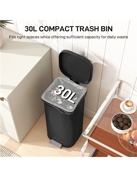 HOMCOM 30L Kitchen Bin, Compact Pedal Bin with Soft-Close and Stay-Open Lid, Removable Bucket for Kitchen, Home, Office, Black