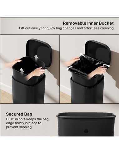 HOMCOM 30L Kitchen Bin, Compact Pedal Bin with Soft-Close and Stay-Open Lid, Removable Bucket for Kitchen, Home, Office, Black
