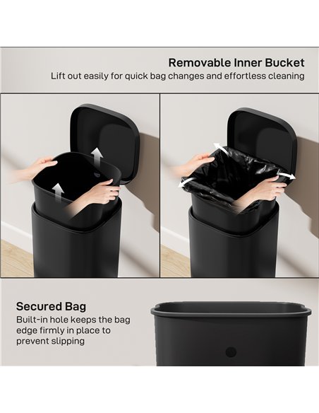 HOMCOM 30L Kitchen Bin, Compact Pedal Bin with Soft-Close and Stay-Open Lid, Removable Bucket for Kitchen, Home, Office, Black