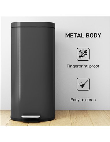 HOMCOM 30L Kitchen Bin, Compact Pedal Bin with Soft-Close and Stay-Open Lid, Removable Bucket for Kitchen, Home, Office, Black
