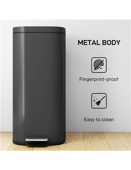 HOMCOM 30L Kitchen Bin, Compact Pedal Bin with Soft-Close and Stay-Open Lid, Removable Bucket for Kitchen, Home, Office, Black
