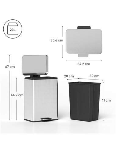HOMCOM 20L Kitchen Bin with Soft-Close Lid and Stay-Open Function, Stainless Steel Pedal Bin with Removable Inner Bucket for Kit