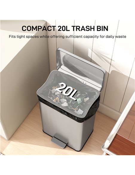 HOMCOM 20L Kitchen Bin with Soft-Close Lid and Stay-Open Function, Stainless Steel Pedal Bin with Removable Inner Bucket for Kit