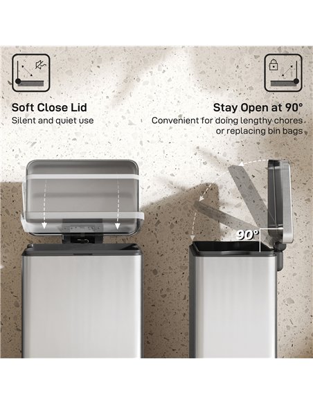HOMCOM 20L Kitchen Bin with Soft-Close Lid and Stay-Open Function, Stainless Steel Pedal Bin with Removable Inner Bucket for Kit