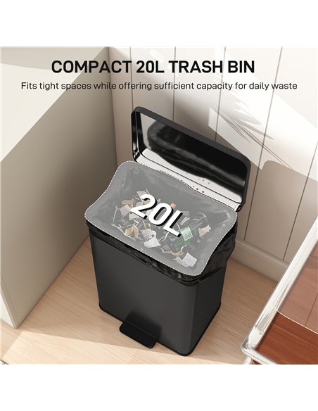 HOMCOM 20L Kitchen Bin with Soft-Close Lid and Stay-Open Function, Stainless Steel Pedal Bin with Removable Inner Bucket for Kit