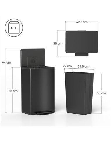 HOMCOM 45L Kitchen Bin, Pedal Bin with Soft-Close and Stay-Open Lid, Removable Inner Bucket, Odor Control for Kitchen, Office