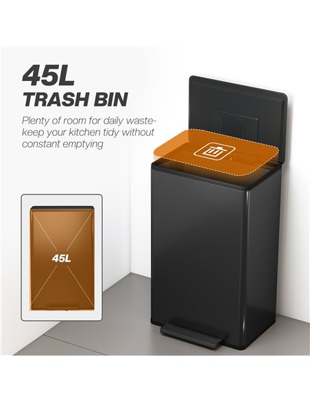 HOMCOM 45L Kitchen Bin, Pedal Bin with Soft-Close and Stay-Open Lid, Removable Inner Bucket, Odor Control for Kitchen, Office