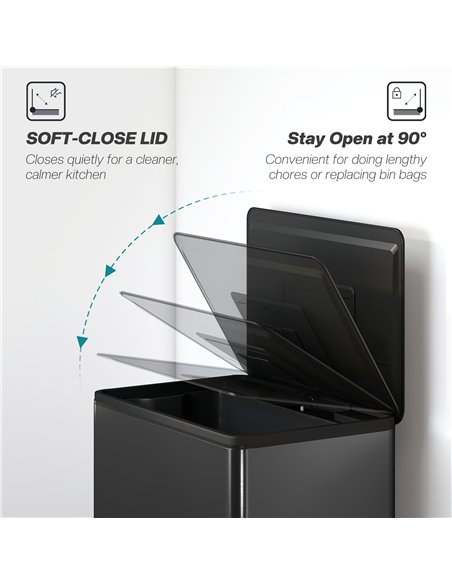 HOMCOM 45L Kitchen Bin, Pedal Bin with Soft-Close and Stay-Open Lid, Removable Inner Bucket, Odor Control for Kitchen, Office