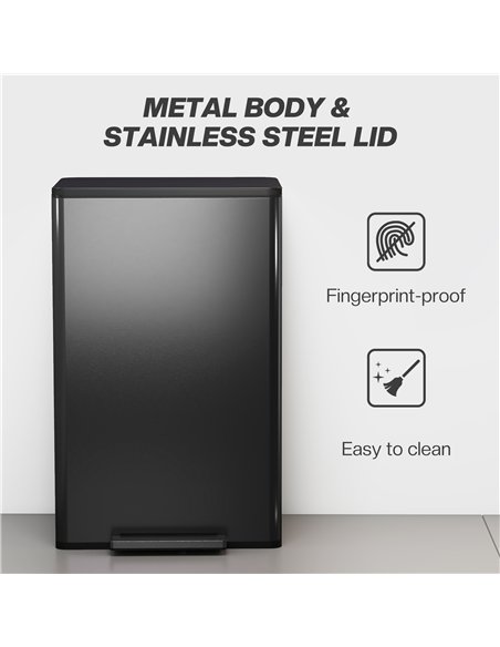 HOMCOM 45L Kitchen Bin, Pedal Bin with Soft-Close and Stay-Open Lid, Removable Inner Bucket, Odor Control for Kitchen, Office