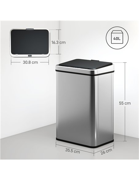 HOMCOM 40L Sensor Bin with Quiet Soft-Close Lid, Automatic Touchless Motion Sensor Kitchen Bin with Fingerprint Resistant Stainl
