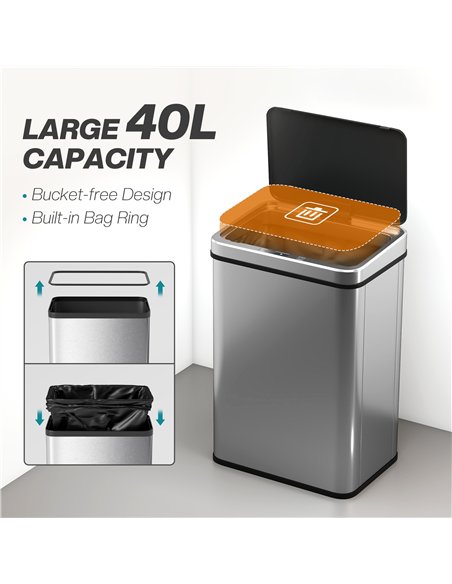 HOMCOM 40L Sensor Bin with Quiet Soft-Close Lid, Automatic Touchless Motion Sensor Kitchen Bin with Fingerprint Resistant Stainl