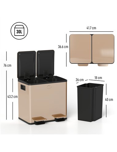 HOMCOM 30L Dual Compartment Stainless Steel Bin, with Deodoriser Holders - Gold Tone