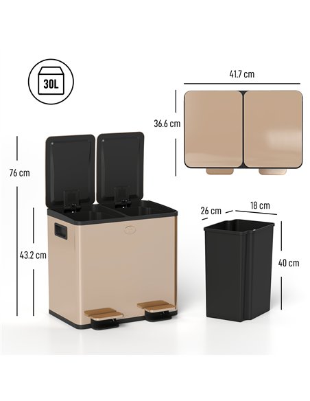HOMCOM 30L Dual Compartment Stainless Steel Bin, with Deodoriser Holders - Gold Tone