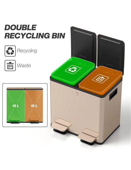 HOMCOM 30L Dual Compartment Stainless Steel Bin, with Deodoriser Holders - Gold Tone