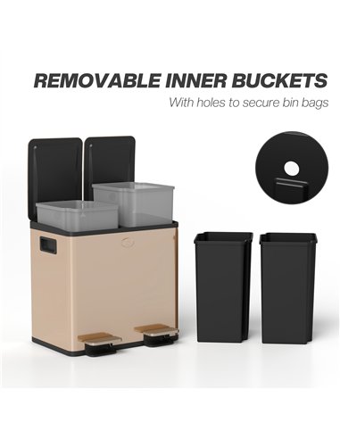 HOMCOM 30L Dual Compartment Stainless Steel Bin, with Deodoriser Holders - Gold Tone