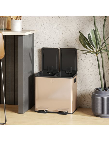 HOMCOM 30L Dual Compartment Stainless Steel Bin, with Deodoriser Holders - Gold Tone