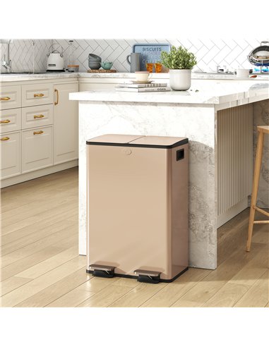 HOMCOM 56L Dual Compartment Stainless Steel Bin, with Deodoriser Holders - Gold Tone