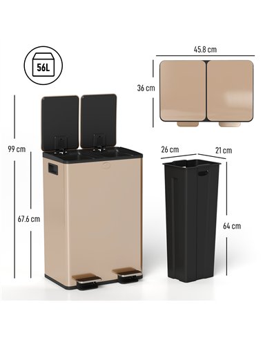 HOMCOM 56L Dual Compartment Stainless Steel Bin, with Deodoriser Holders - Gold Tone