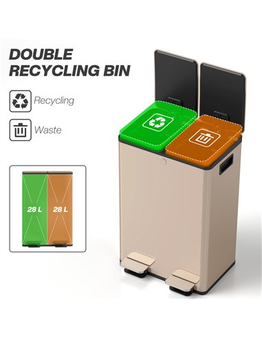 HOMCOM 56L Dual Compartment Stainless Steel Bin, with Deodoriser Holders - Gold Tone