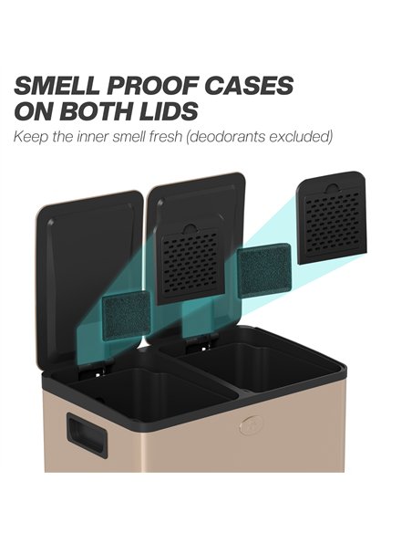 HOMCOM 56L Dual Compartment Stainless Steel Bin, with Deodoriser Holders - Gold Tone