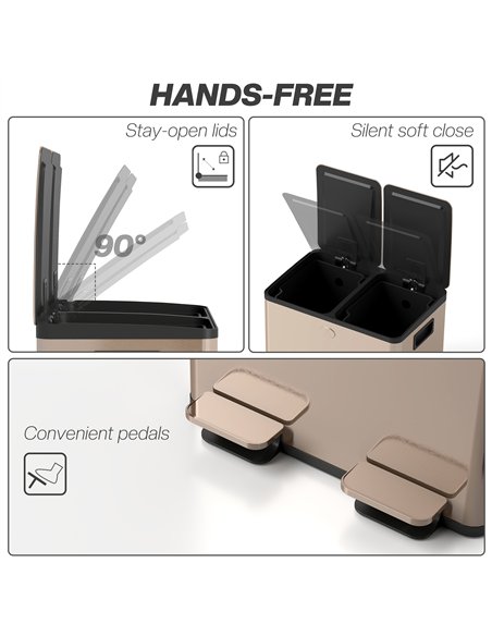 HOMCOM 56L Dual Compartment Stainless Steel Bin, with Deodoriser Holders - Gold Tone