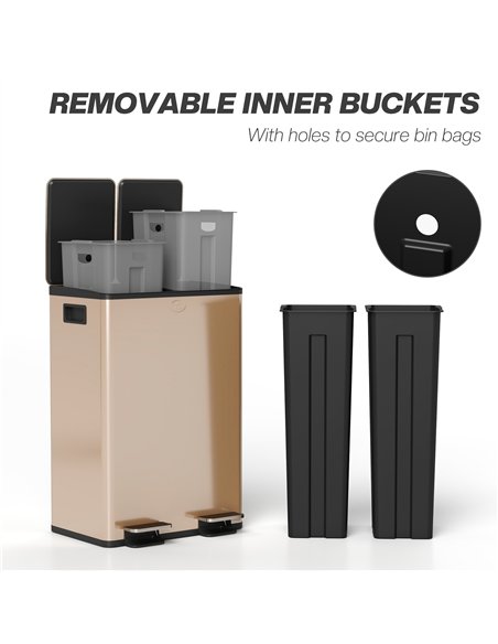 HOMCOM 56L Dual Compartment Stainless Steel Bin, with Deodoriser Holders - Gold Tone