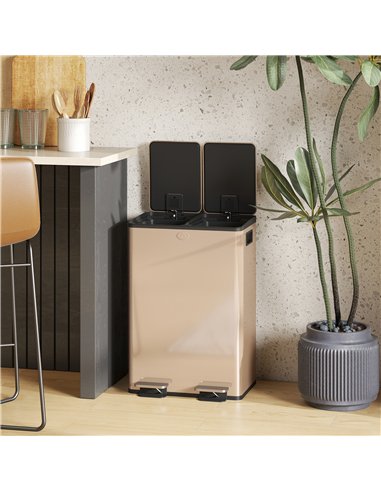 HOMCOM 56L Dual Compartment Stainless Steel Bin, with Deodoriser Holders - Gold Tone