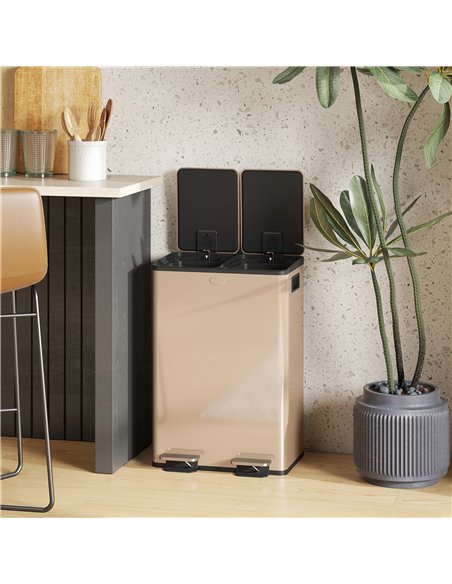 HOMCOM 56L Dual Compartment Stainless Steel Bin, with Deodoriser Holders - Gold Tone