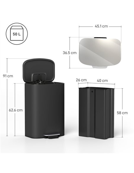 HOMCOM 50L Kitchen Bin with Soft-Close Lid and Stay-Open Function, Stainless Steel Pedal Bin with Removable Inner Bucket, Carry 