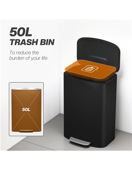 HOMCOM 50L Kitchen Bin with Soft-Close Lid and Stay-Open Function, Stainless Steel Pedal Bin with Removable Inner Bucket, Carry 